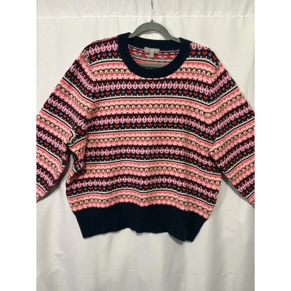 J Crew Women’s Fair Isle Winter Sweater Pink Blue Heart Nordic Sz 2X Wool Blend - Picture 1 of 9
